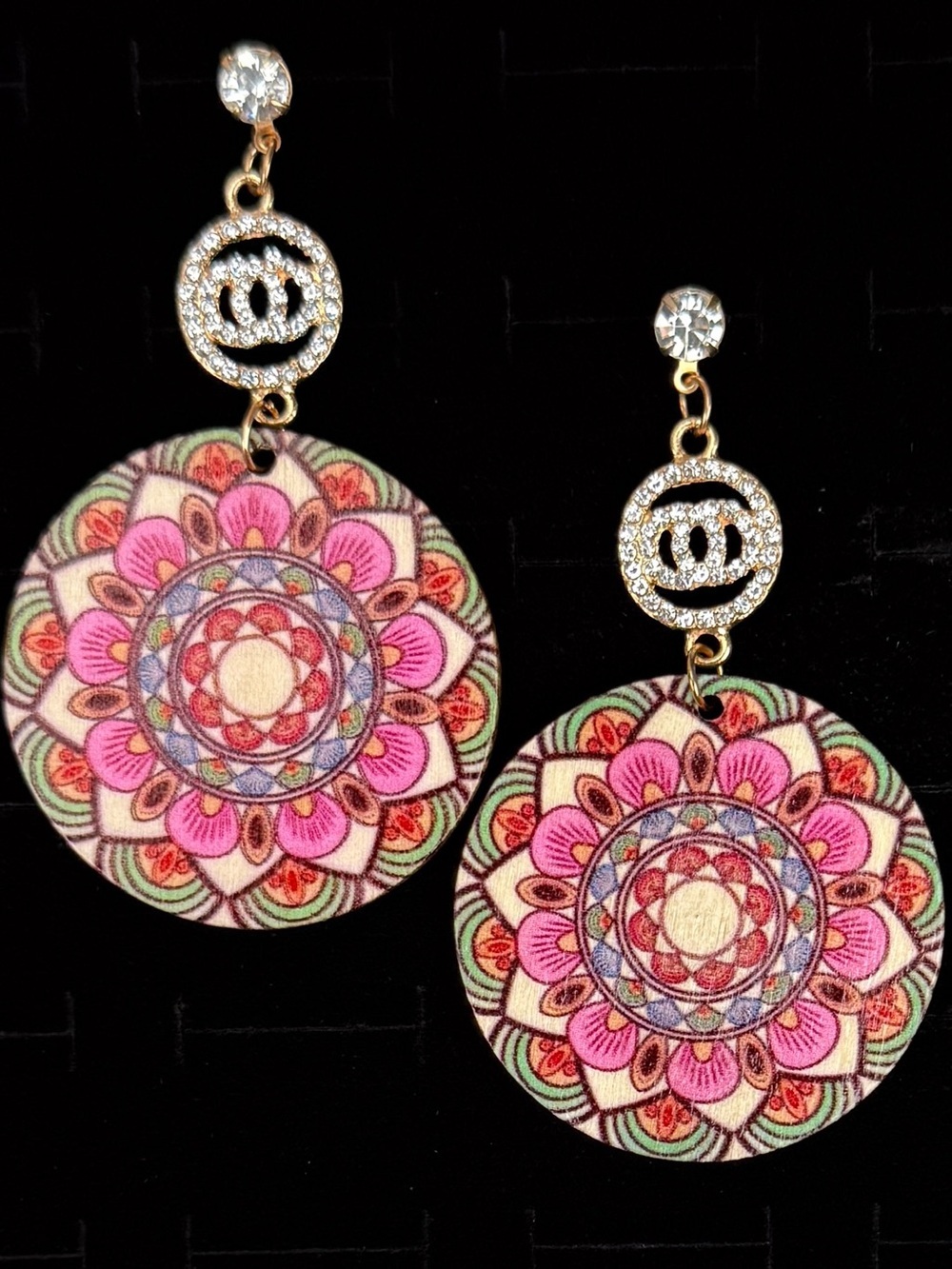 Boho Mandala Wood Disc Dangle Earrings Rhinestone Gold Tone Pierced